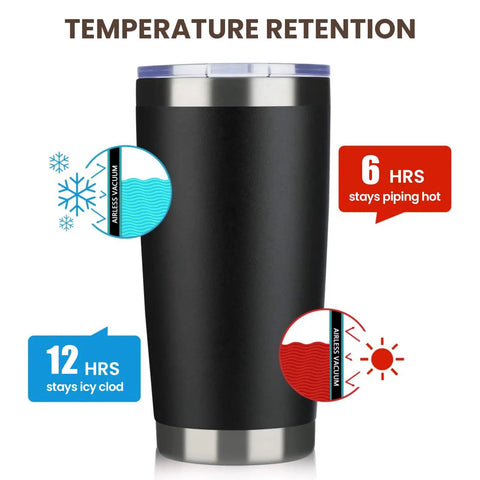 Eight Tough As Nails Twenty Ounce Double Wall Insulated Stainless Steel Tumblers With Secure Lids And Straws That Keep Your Sippin Frosty Or Steaming Hot All Day Long In Sleek Black Finish showing temperature retention details.
