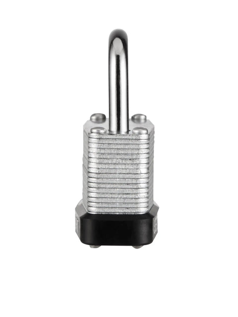Front view of Tough As Nails Laminated Steel Padlock Set Pack Of 4 With 1-1/4 Inch Wide Body Keyed Alike Locks.