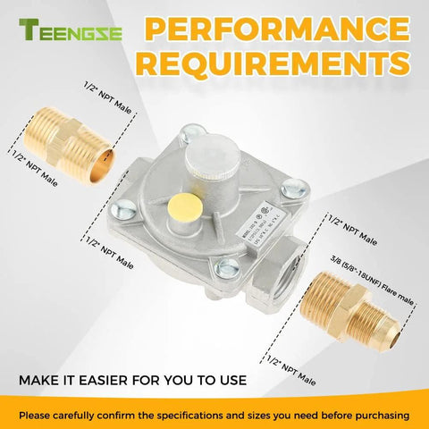 Teengse 1/2 in natural gas pressure regulator with brass 1/2 in NPT adapters for NG/LPG