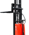 Heavy Duty 3300 Lbs Semi-Electric Pallet Stacker With 98 Inch Mast Lift Height Adjustable Forks For Warehouses, side view showing details.