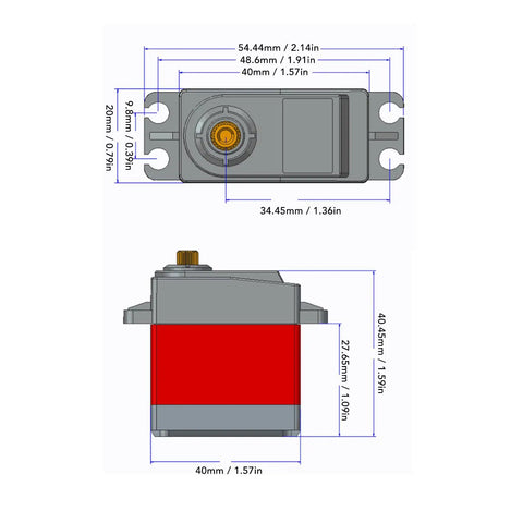 Next Gen Heavy Duty Digital Servo Motor Delivering 20Kg Of Crushing Load Capacity dimensions and view including metal components.