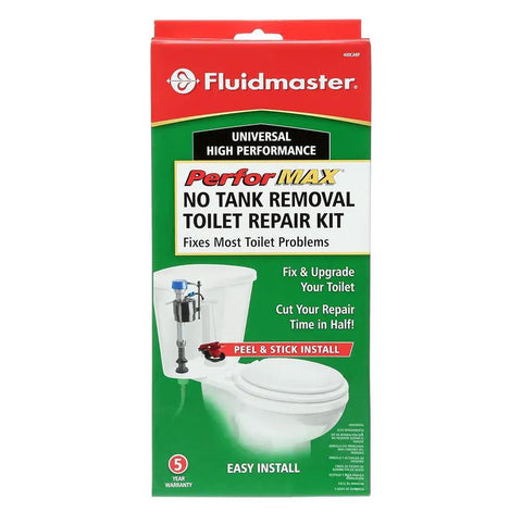 PerforMAX Universal Toilet Fill And Flush Valve Repair Kit package showing contents and installation instructions