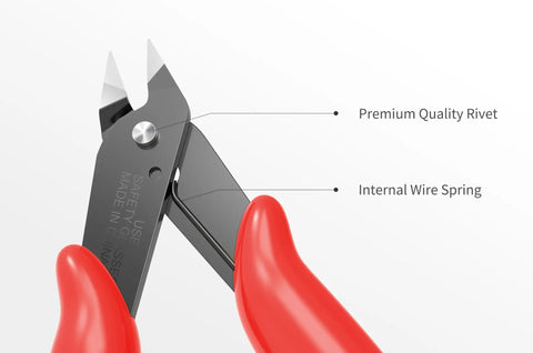 Close-up of red Two Pack 5 Inch Flush Cutters Spring Loaded Micro Wire Cutters Zip Tie Cutter For Electronics Jewelry 3D Printing Models Floral Soft Copper Wire Red Perfect For Crafting Projects showing premium quality rivet and internal wire spring.
