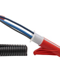 Wire Loom Insertion Tool Set For Three Eighths To Two Inch Conduit Sleeving, hand using red tool on black conduit