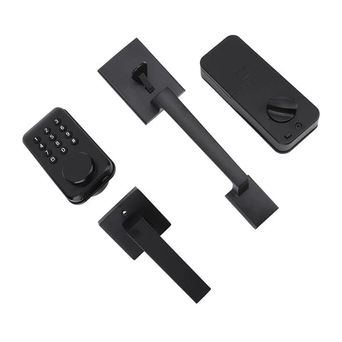 Badass Keyless Entry Lock Set With Fingerprint Scanner And Auto Electronic Keypad Deadbolt Digital Smart Code Setup Featuring Hella Smooth Lever Handle In Matte Black components layout including keypad and lever.