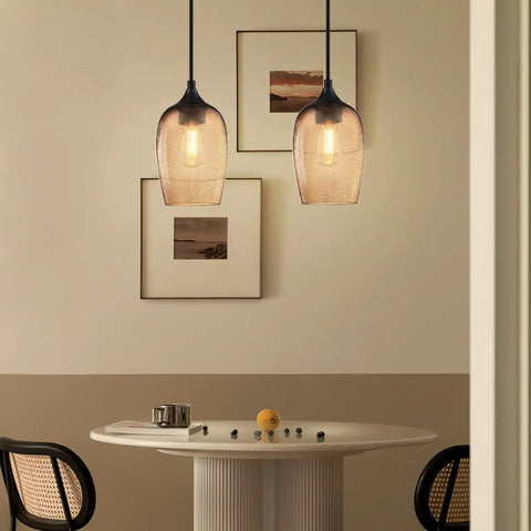 Dope Two Pack One Light Pendant Lights For Kitchen Island In Indoor Dining With Hand Blown Seeded Amber Glass And Black Finish Over Table