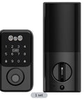 No Fuss Real Deal Top Tier Slick Palm Vein And 3D Facial Recognition Smart Lock For Keyless Entry Automatic Deadbolt With Six In One Options For Home Or Office Black Finish, showing keypad and lock sides.