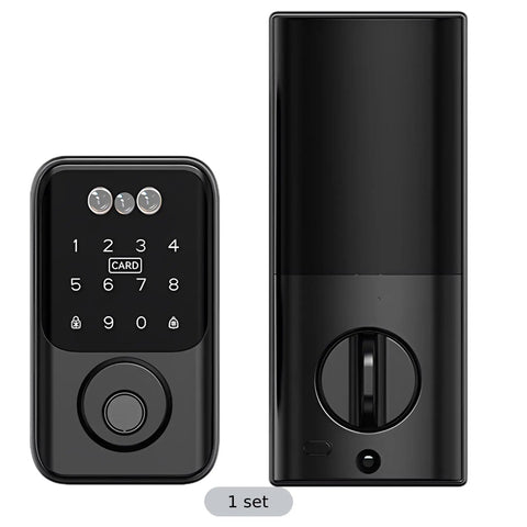 No Fuss Real Deal Top Tier Slick Palm Vein And 3D Facial Recognition Smart Lock For Keyless Entry Automatic Deadbolt With Six In One Options For Home Or Office Black Finish, showing keypad and lock sides.
