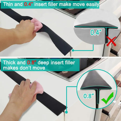 Hands cleaning 0.8" thick Extra Long 30 Inch Silicone Stove Gap Filler That Stays Put Fits 0.2 To 1 Inch Gaps Black Set Of 2