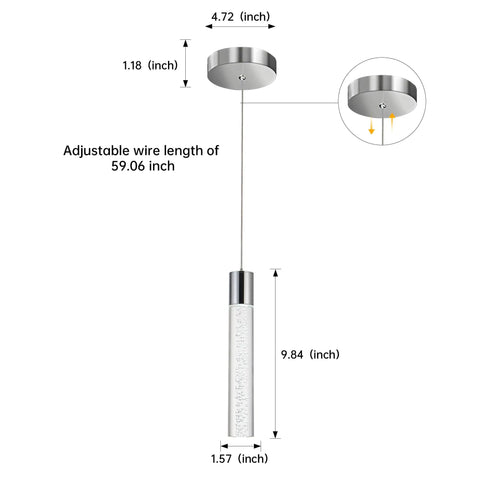 Adjustable height modern LED pendant light 9.84 inches tall with chrome finish for kitchen island use.