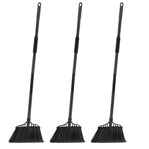 Heavy Duty 3 Pack Broom Set With 55 Inch Telescoping Pole And Padded Eva Grip, all black brooms for cleaning tough grime.