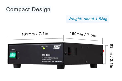 Compact Bench Ham Radio Power Supply 30 Amp AC To DC 13.8 Volts Fixed Output with dimensions and weight