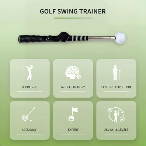 Image of Retractable Golf Swing Trainer With Click Feedback Posture Correction Arm Band And Grip Trainer Portable Indoor Outdoor Swing Aid For Right Handed Players To Boost Tempo Speed And Mechanics, showing grip handle and features.