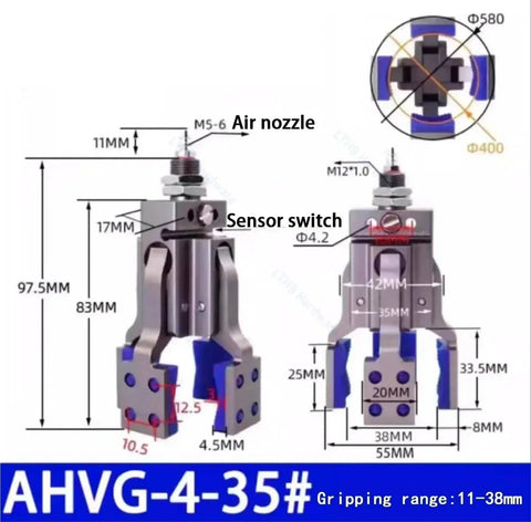 Diagram of Pneumatic Fixture Cylinder With Four Claw Clamp And Sensor Switch For Robotic Gripper Arm Mechanical Finger Cylinder Water Spout Clip AHVG35 Pro Grade showing dimensions