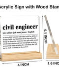 Clear Acrylic Desk Plaque Sign For Civil Engineers Cool Office Decor Gift For Engineers Engineering Gifts For Civil Engineer Definition Plaque 4x4 Inch Sign With Wood Stand Desk Decor, side and front view, dimensions visible