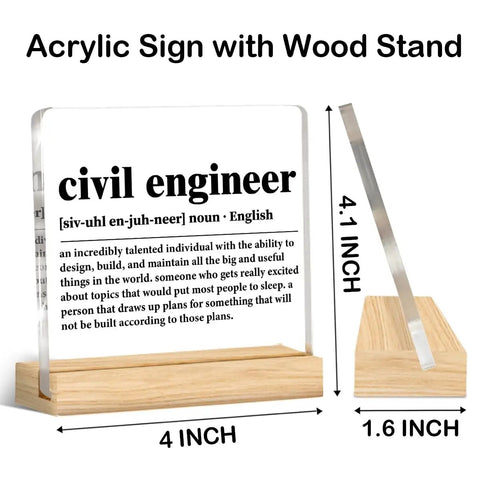 Clear Acrylic Desk Plaque Sign For Civil Engineers Cool Office Decor Gift For Engineers Engineering Gifts For Civil Engineer Definition Plaque 4x4 Inch Sign With Wood Stand Desk Decor, side and front view, dimensions visible