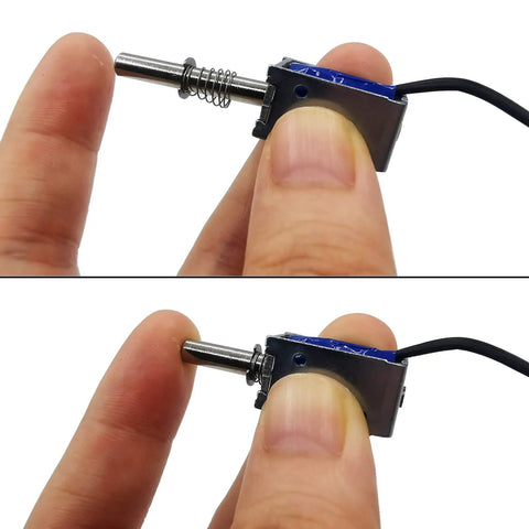 Two Pack Mini Push Pull Linear Solenoid Electromagnet With 5mm Stroke, DC 5V To 12V, 25 Ohm, shown held between fingers