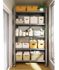 Heavy Duty Five Tier Metal Storage Shelves With Rolling Wheels And Foldable Design For Garage Kitchen Pantry And Home Office with storage bins filled.