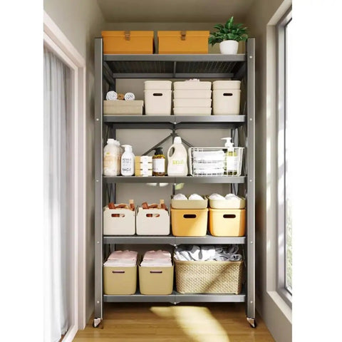 Heavy Duty Five Tier Metal Storage Shelves With Rolling Wheels And Foldable Design For Garage Kitchen Pantry And Home Office with storage bins filled.