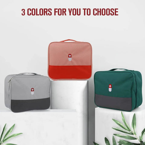 Image of Travel Ready First Aid Bag For Outdoor Adventures Empty Medical Supplies Organizer Kit in three colors: pink, grey, and green.