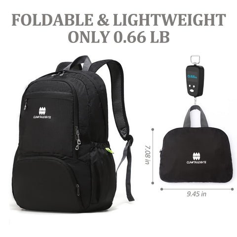 Lightweight Packable Travel Backpack 30L For Men And Women Black Foldable Daypack shown folded and unfolded, with scale