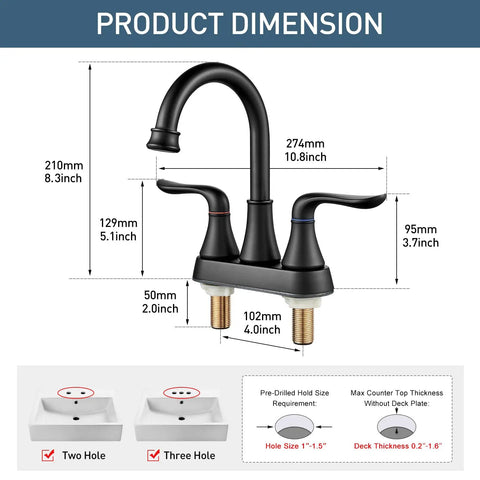 Dimensions of 4 Inch Centerset Bathroom Sink Faucet With 2 Handles Chrome Finish, Durable SUS304 Stainless Steel, 360 Degree Swivel Spout