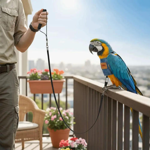 Adjustable Bird Flight Suit Harness Escape Proof Design With Anti Bite Straps on parrot outdoors