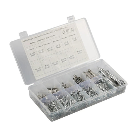 250 Piece Stainless Cotter Pin And Hairpin Kit With Spring Retaining Pins, Clip Pins For Auto Repair, DIY Projects, And Mechanical Maintenance. Open case