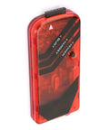 Red microcontroller programmer debugger and emulator for beginners with offline batch programming, front view with ports visible.