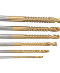 Six-piece twist drill bit set with serrated side teeth for wood and PVC, sizes 3-8 mm, Amazon brand.