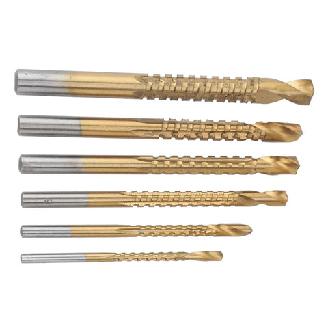 Six-piece twist drill bit set with serrated side teeth for wood and PVC, sizes 3-8 mm, Amazon brand.