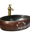 Oval Ceramic Vessel Sink for Bathroom Vanity, Retro Art Countertop Sink Bowl with Faucet, Small with floral design.