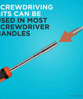 Side view of a screwdriver with chrome shaft and orange/black handle, bit near the tip on blue background.