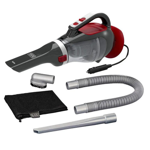 Dustbuster 12V Car Handheld Vacuum With Extra Long Nozzle And Crevice Tool Flexible Hose Sucks Up Crumbs From Between Seats Brush Attachment For Quick Cleanups Red Finish, with attachments displayed