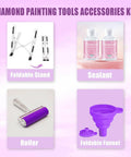 Diamond painting tool kit with foldable stand, sealant, roller, and foldable funnel in purple on pink background.