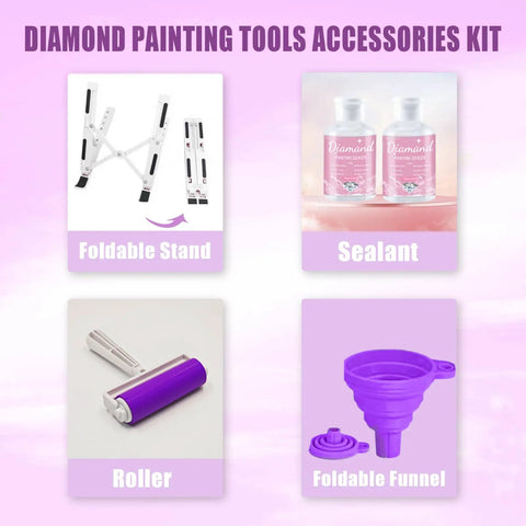 Diamond painting tool kit with foldable stand, sealant, roller, and foldable funnel in purple on pink background.