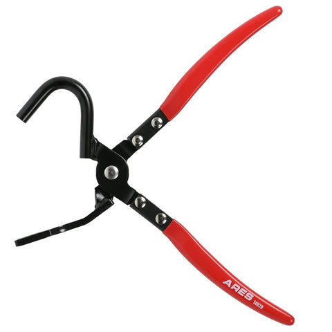 ARES 14020 heavy-duty exhaust hanger removal pliers with red handles and black body; 25-degree offset.