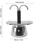 Rock Solid Stainless Steel Stovetop Espresso Maker With Dual Spout brewing fresh coffee directly into two cups, featuring a built-in warming stand.