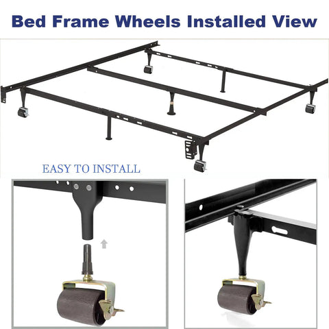 Locking Bed Frame Casters With Socket Sleeve Inserts, Replacement Wheels For Standard Bed Frame Legs shown installed on bed