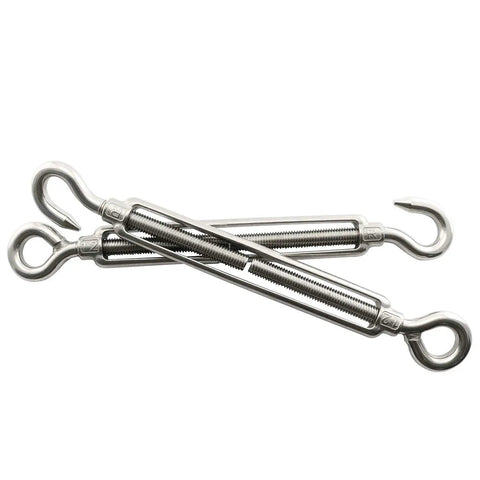 Built Tough 304 Stainless Steel Hook Eye Turnbuckles, M12 Adjustable Wire Rope Tensioners, Heavy Duty Fence Strainer Hardware, 80 Piece Kit Of Rust Proof Draw In Bolts For Gritty Work Projects - close-up of two turnbuckles.