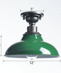 Industrial 12 Inch Semi Flush Mount Ceiling Light With Green Barn Style Lampshade And Gray Fixture, farmhouse decor lighting