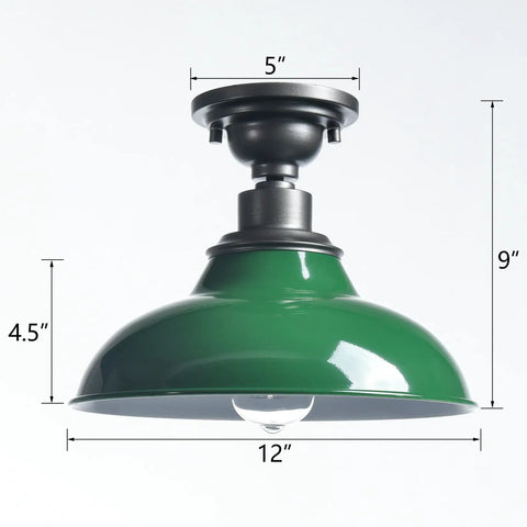 Industrial 12 Inch Semi Flush Mount Ceiling Light With Green Barn Style Lampshade And Gray Fixture, farmhouse decor lighting