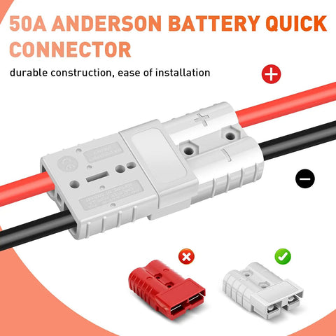 Anderson Style Battery Quick Connect Disconnect Cable For 600V 50A Systems, Heavy Duty 7AWG Wire With Tool Free Installation For Winches, Marine Equipment, Forklifts, And Other High Power Automotive Applications. Gray 50A connector with red and black wires