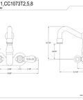 Technical drawing of Vintage Style Wall Mount Tub Faucet In Oil Rubbed Bronze, Solid Brass Construction with dimensions and details.