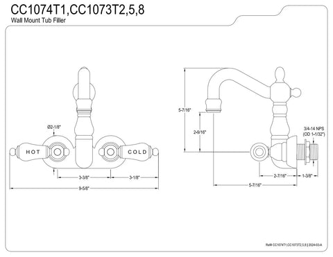 Technical drawing of Vintage Style Wall Mount Tub Faucet In Oil Rubbed Bronze, Solid Brass Construction with dimensions and details.