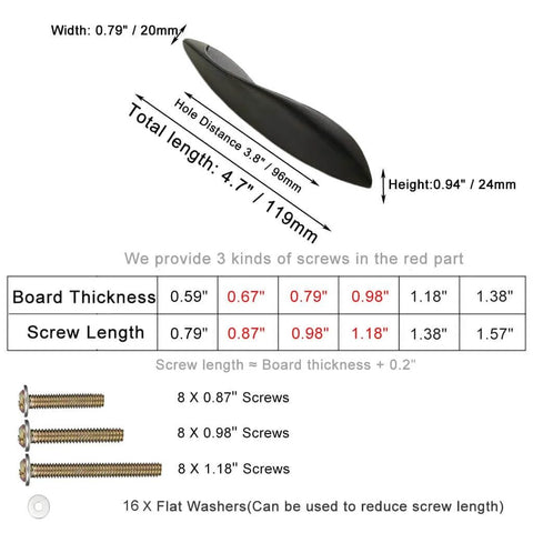 Diagram of 4Pcs Arcuate Cabinet Pulls 3.8 Inch Center To Center S Shaped Matte Black detailing dimensions and screw lengths.