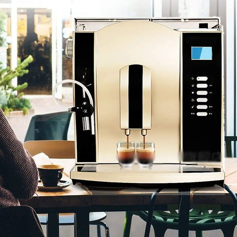 Front view of One Touch Fully Automatic Espresso Machine With 1.6L Water Tank 20 Bar Pressure Milk Frother Arm Auto Clean Anti Drip Adjustable Grind Black in a cafe setting
