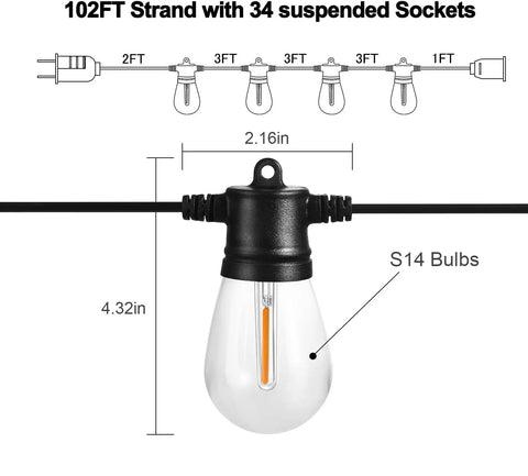 Diagram showing dimensions of 102Ft Outdoor String Lights With 35 Dimmable S14 LED Bulbs Waterproof Shatterproof Patio Lighting
