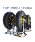 Four 8 Inch Heavy Duty Caster Wheels Set With Universal Swivel And Directional Brake, no squeak rubber rolling, metallic finish