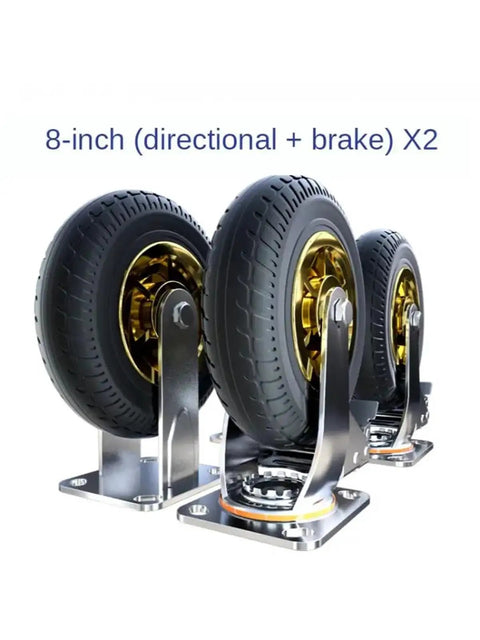 Four 8 Inch Heavy Duty Caster Wheels Set With Universal Swivel And Directional Brake, no squeak rubber rolling, metallic finish